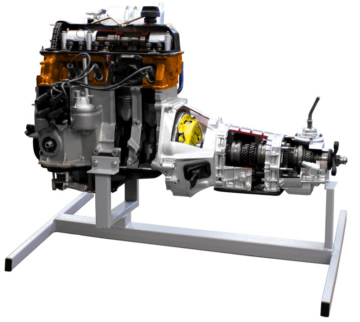 Двигатель в разрезе ВАЗ  с навесным оборудованием в сборе со сцеплением и коробкой передач (агрегаты в разрезе)
